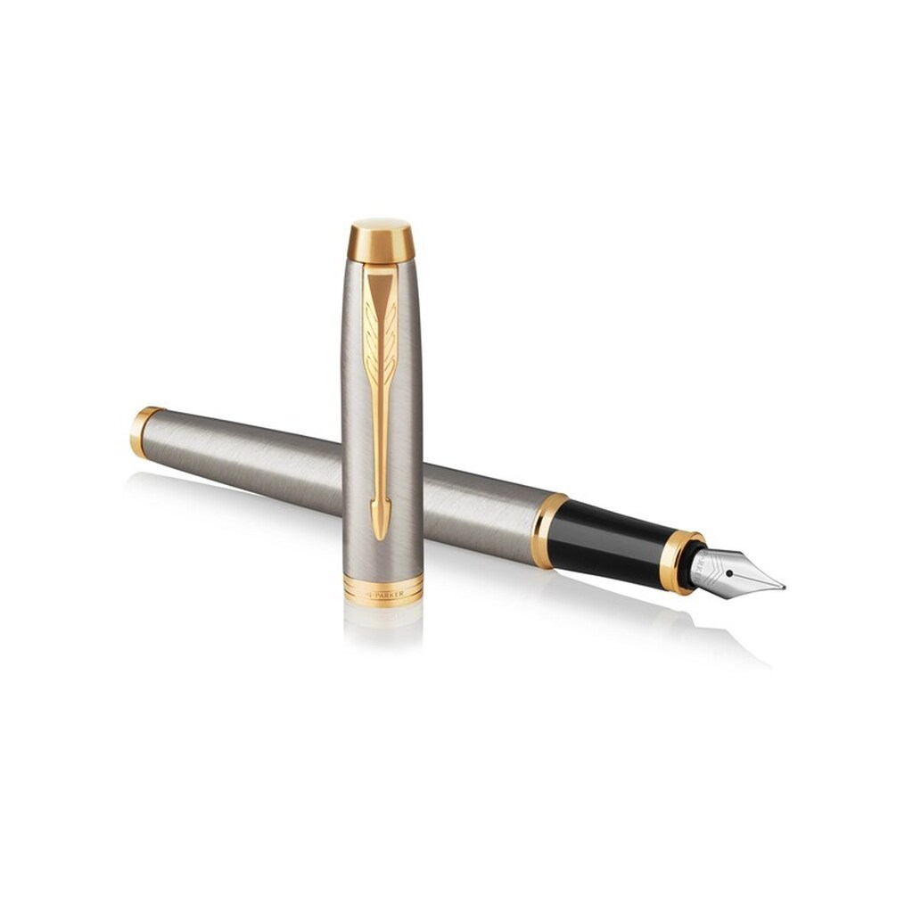 Parker IM-fyldepen, børstet metal, medium spids med patron med blå blæk, gaveæske