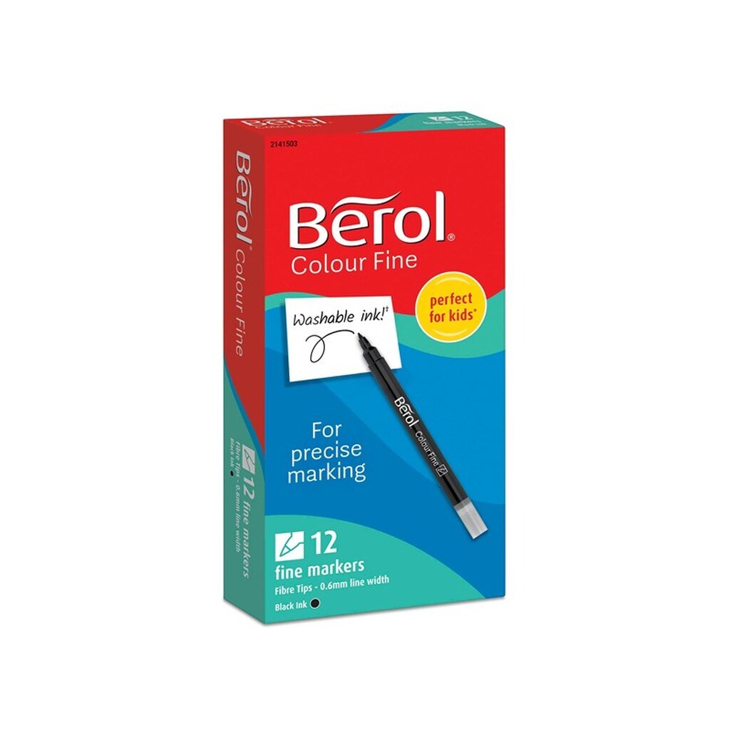Berol filtspids farvetuscher, tynd spids (0,6 mm), sort, 12 styk