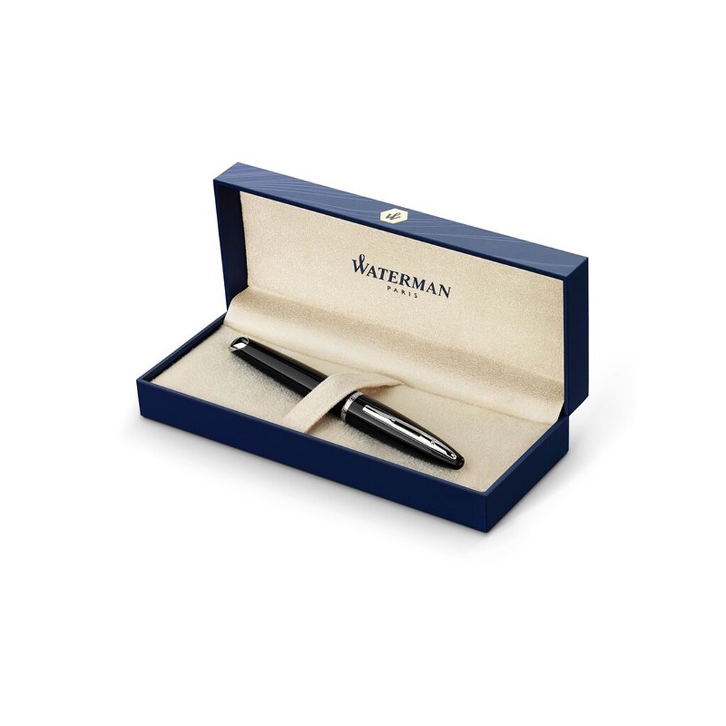 Waterman Carène Sortehavet Fountain Pen | Højglans sort med palladiumbelagt kant | Fin spids med blå blækpatron | Gaveæske