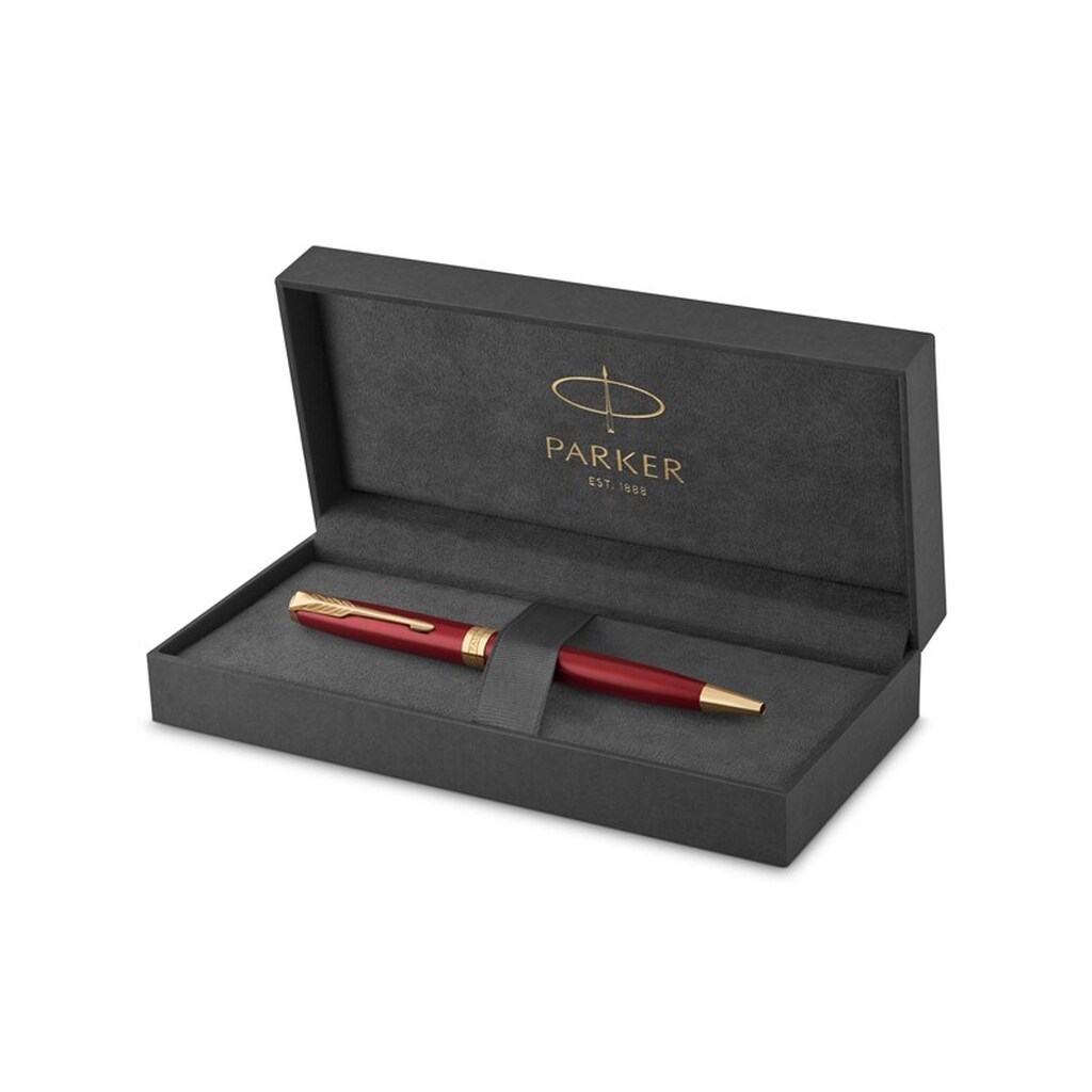 Parker Sonnet-kuglepen | rød lak med detaljer i guld | medium spids sort blæk | gaveæske