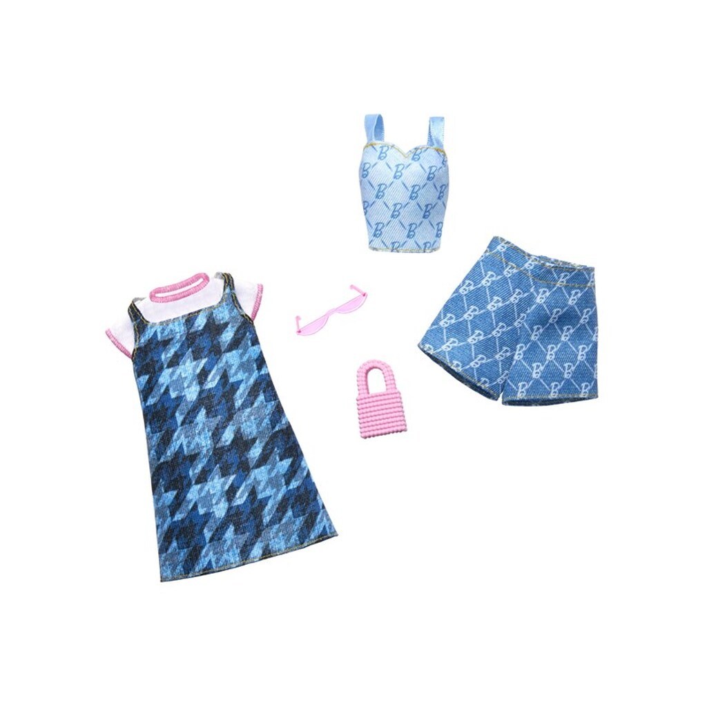 Barbie Fashion 2-Pack Blue Denim Dress Top And Shorts Pink Sunglasses And Purse