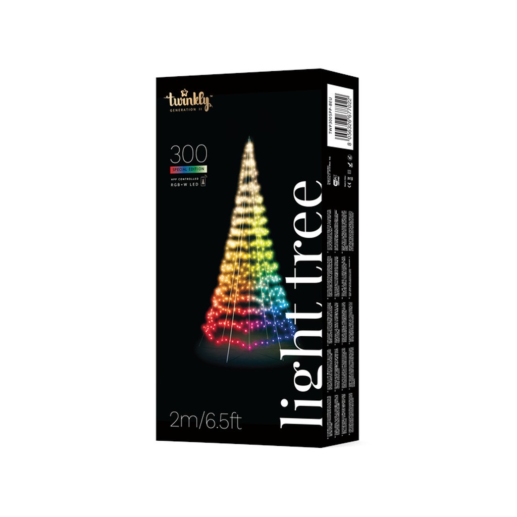 Twinkly Light Tree - 2 Meters Flag-pole Tree with 300 RGB + Warm White LEDs. Black Wire. Pole Included.