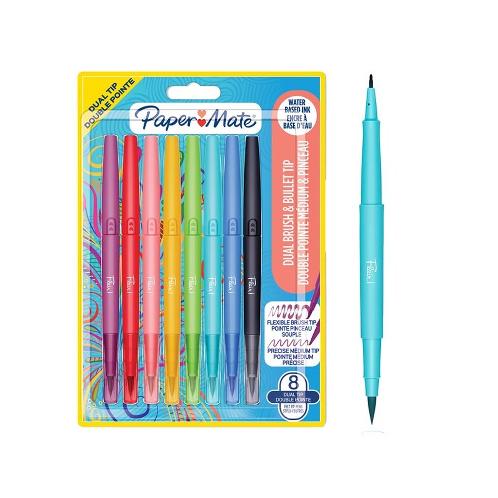 Paper Mate Flair DUAL filtpenne | Pensel og medium spidser (0,7 mm) | Dobbeltendede farvepenne | Assorterede farver | 8 Stk