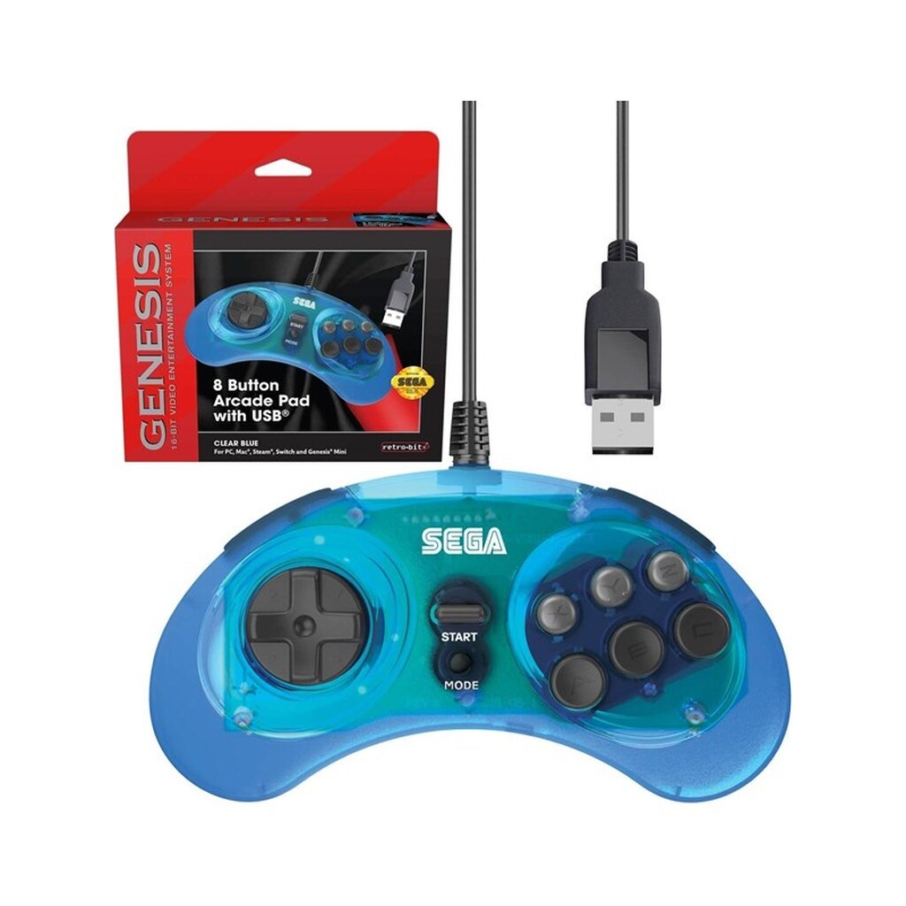 Retro-Bit 8-button Arcade Pad USB - Clear Blue - Wired Controller - MAC