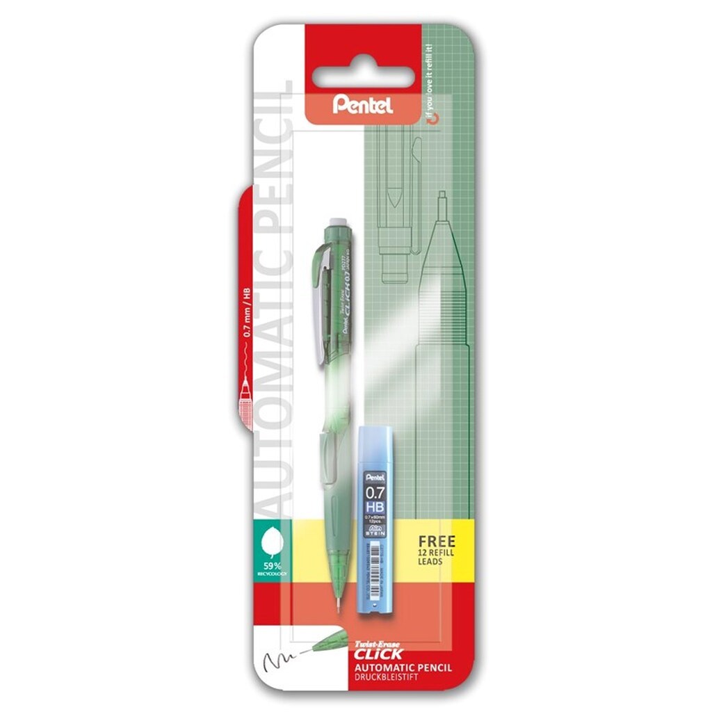 Pentel XPD277TRF/1-D Click Erase+Ain Stein stift 0,7mm Grøn
