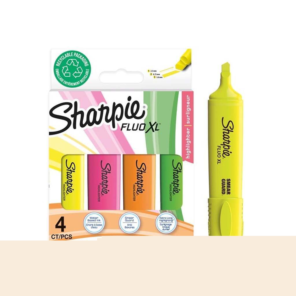Sharpie Fluo XL Highlighters | Mejselspids | Forskellige fluorescerende farver | 4 stk