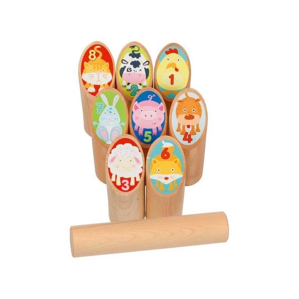 Wooden Viking Game Animals Kubb in Cotton Bag