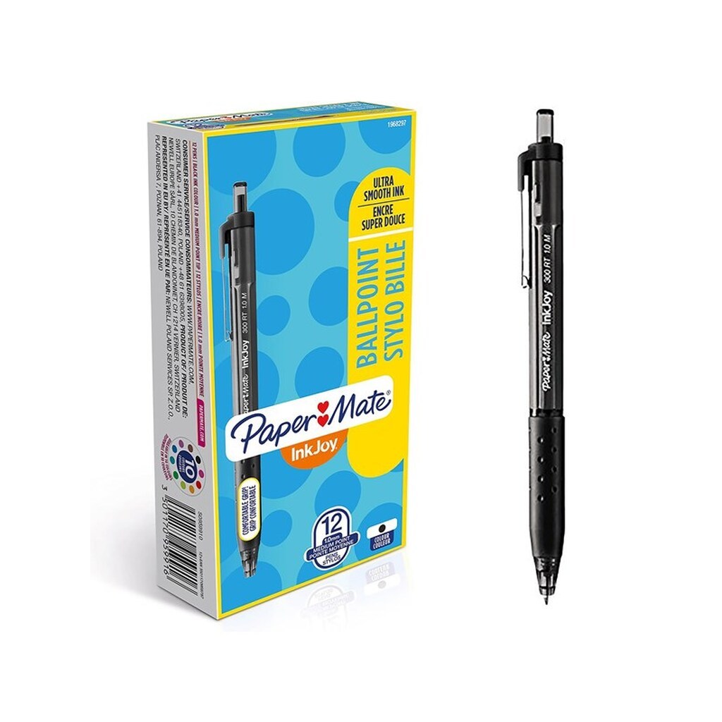 Paper Mate InkJoy 300RT Retractable Ballpoint Pens | Medium spids (1,0 mm) | Sort | 12 styk