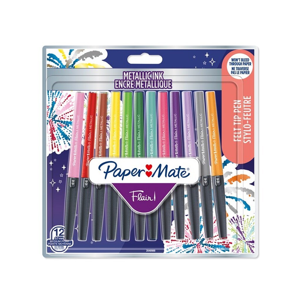 Paper Mate Flair Felt Tip Pens | Medium spids (0,7 mm) | Metalliske farver | 12 styk