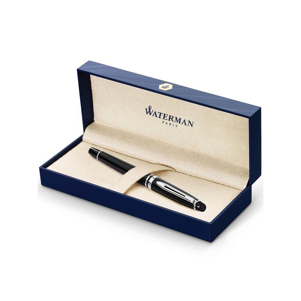 Waterman ekspert fyldepen | Glans sort med krom trim | Mellem Nib | Gaveæske