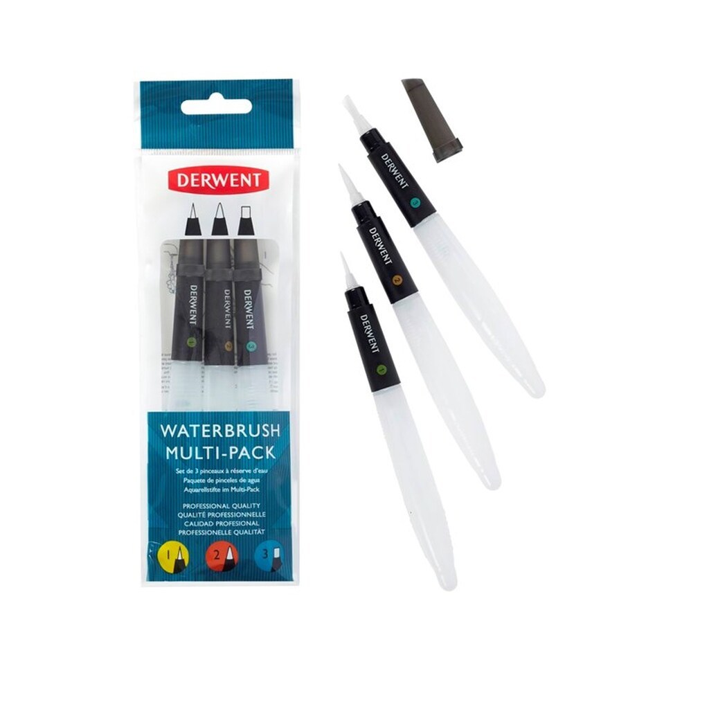 Derwent Vandpensel til akvarelmaling, pakke med 3, inkluderer mejselspids, fin spids og medium spids
