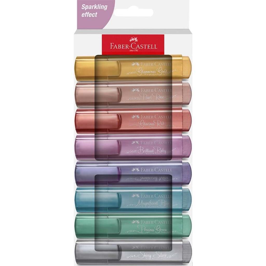 Faber-Castell Textliner 46 Metallic, kartonpung med 8: glamourøst guld, skinnende sølv, perlerose, strålende rubin, storslået blå, dyrebar grøn, strålende rød, skinnende violet