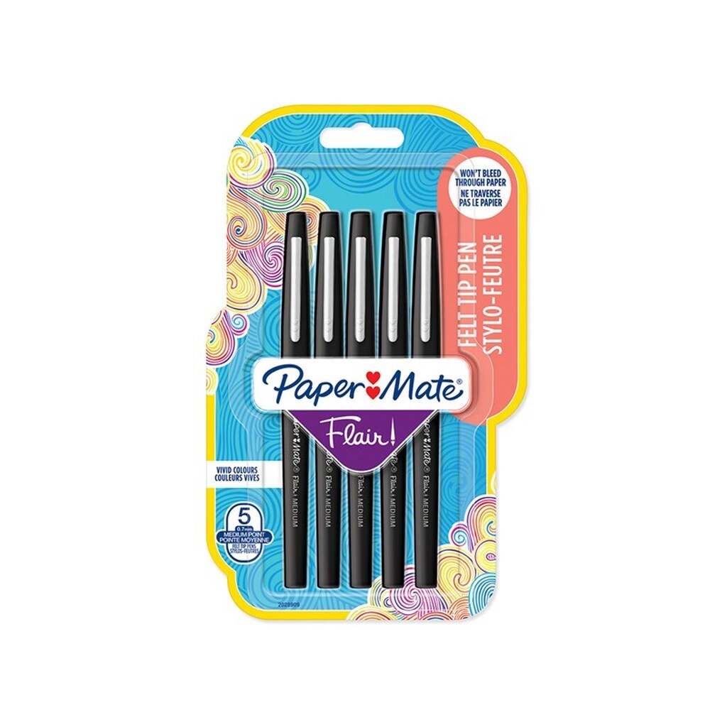 Paper Mate Flair Felt Tip Pens | Medium spids (0,7 mm) | Sort | 5 styk
