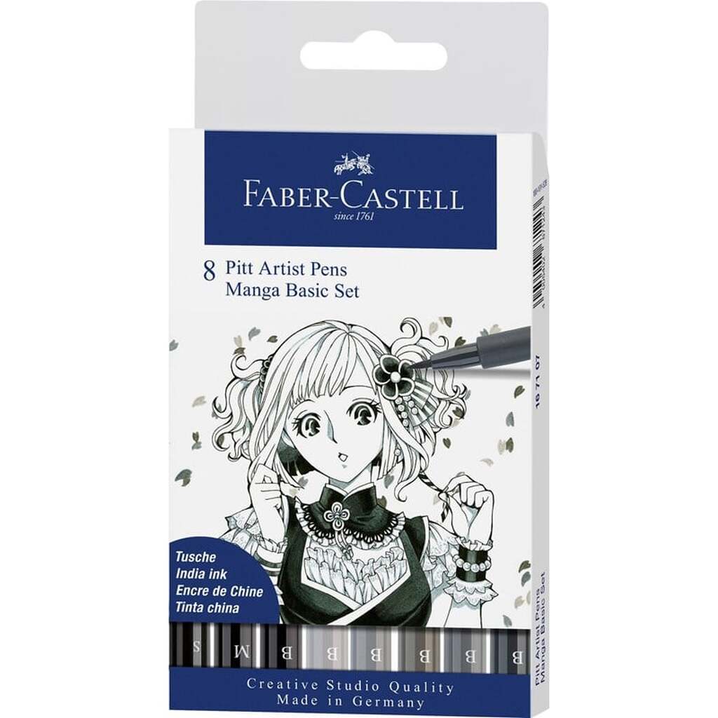 Faber-Castell Pitt Artist Pen tuschpen, etui med 8 stk, Manga Basic-sæt