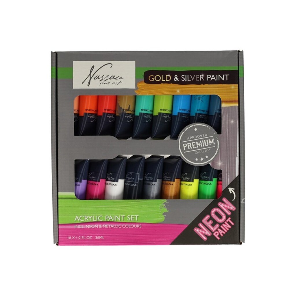 Nassau Acrylic Paint Fluorescent and Metallic Colors 18x36 ml