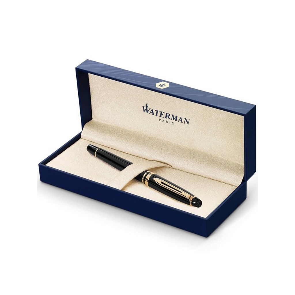 Waterman ekspert rullekuglepen | Blank sort med 23k guldkant | Fint punkt | Sort blæk | Gaveæske