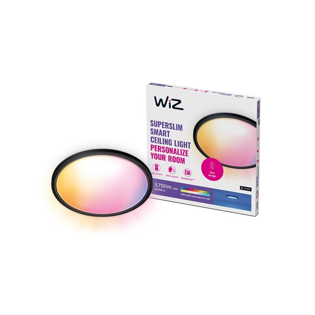 WiZ SuperSlim Smart Loftslampe, 32W, Justerbar hvidt &amp; farvet lys, Ultratyndt moderne design, Sort