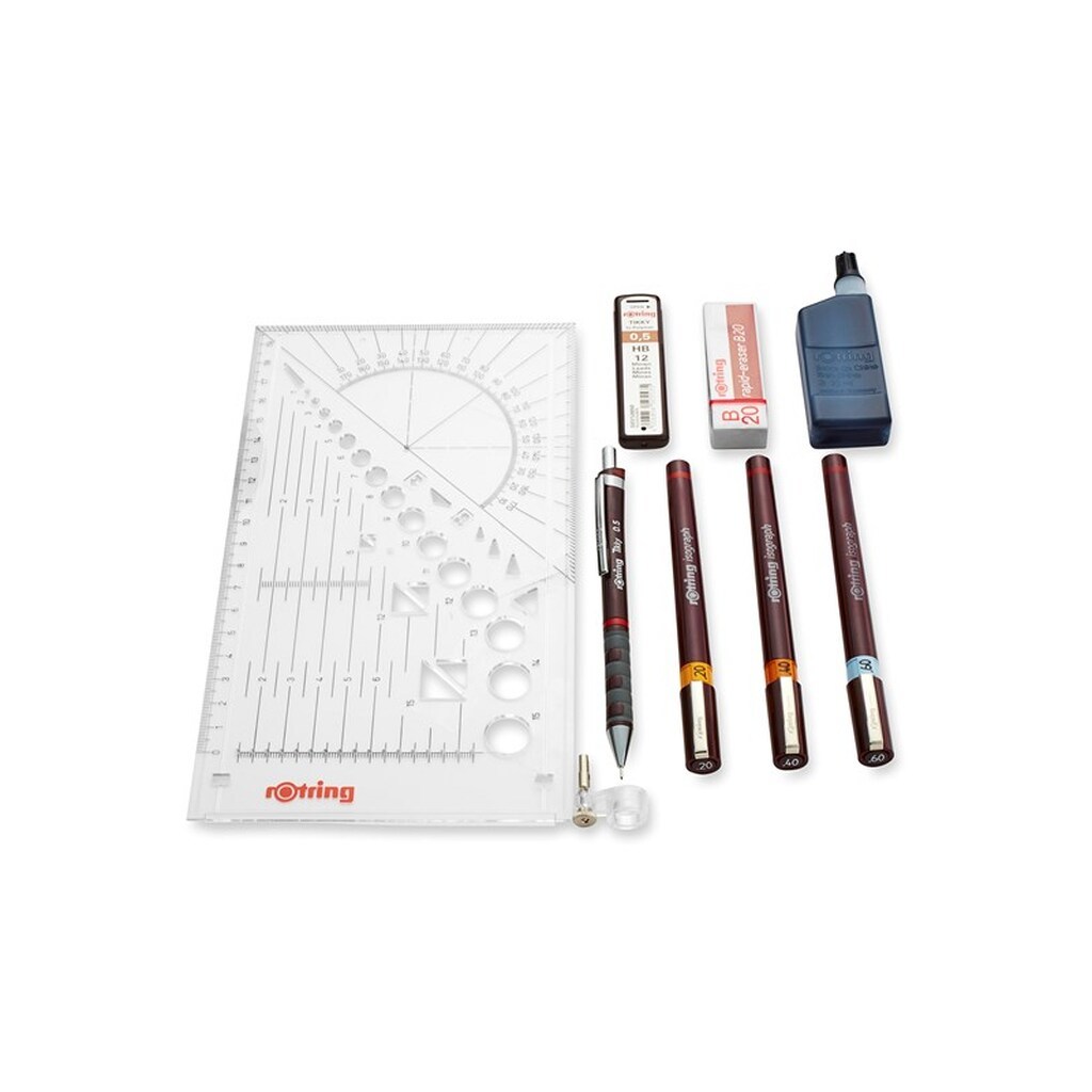 Rotring rOtring Isograph Fineliner Pen &amp; Pencil College Sæt | 3 tekniske kuglepenne (0,20 mm, 0,40 mm, 0,60 mm) og mekanisk blyant (0,5 mm) + tilbehør