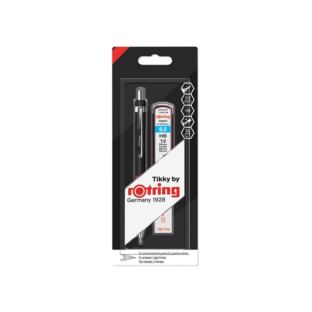 Rotring rOtring Tikky farvekodet mekanisk blyantsæt | 0,5 mm | med 12 blypåfyldninger og viskelæder