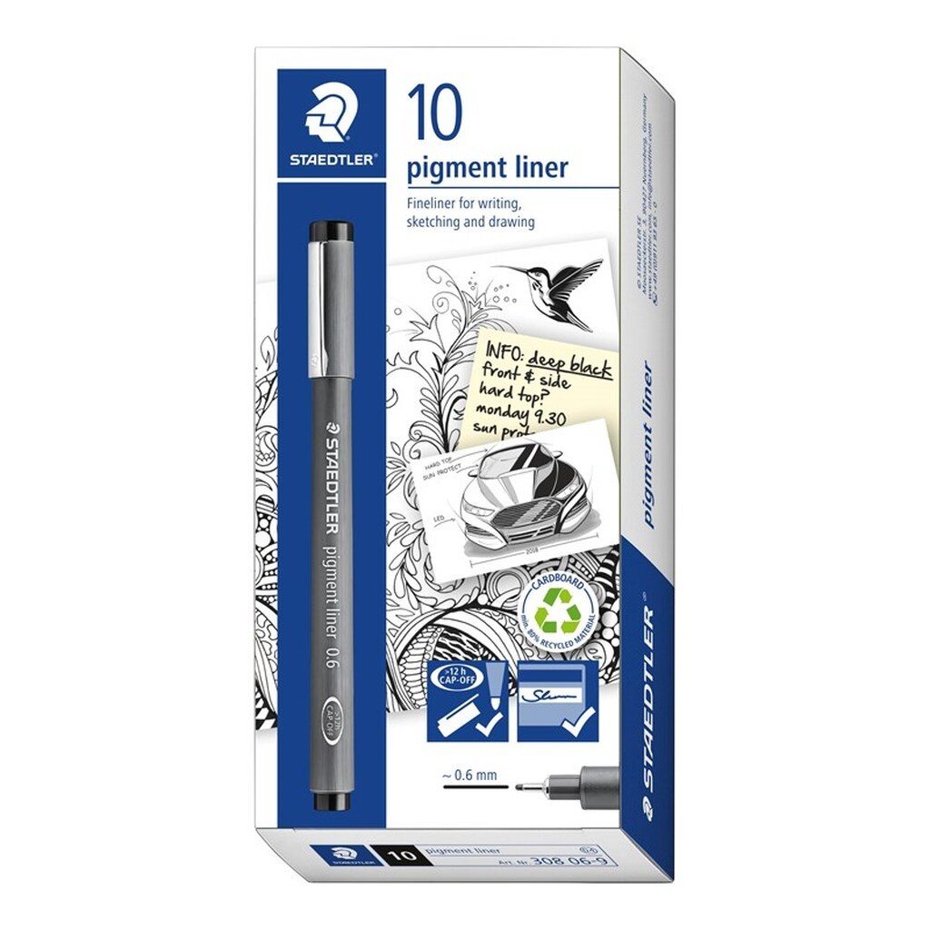 Staedtler STAEDTLER PIGMENT LINER 0,6mm SORT, ÆSKE 10 STK