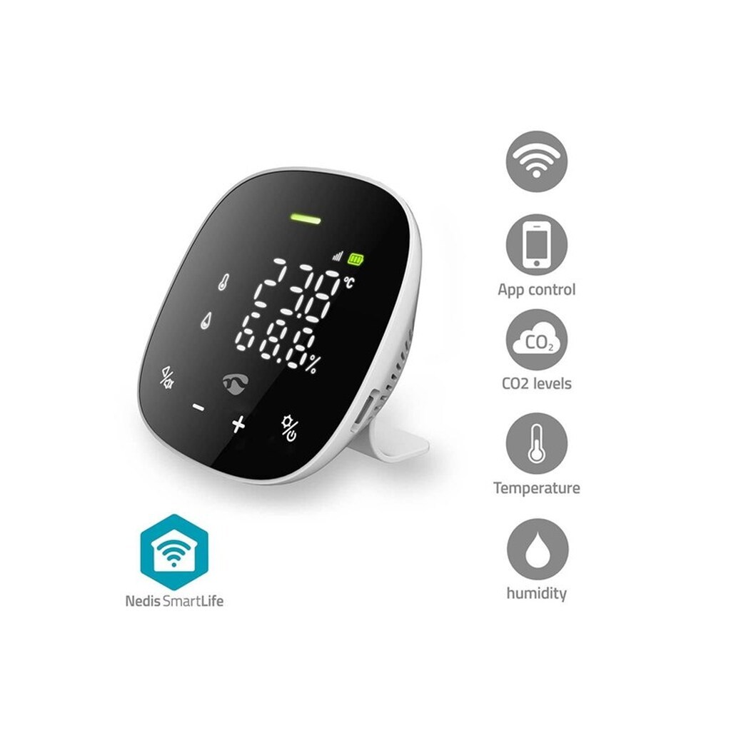 Nedis SmartLife-luftkvalitetsmåler Wi-Fi Inkl. Skærm Fugtighed / Kuldioxid (CO2) / Temperatur Android&#8482; / IOS Hvid / Sort