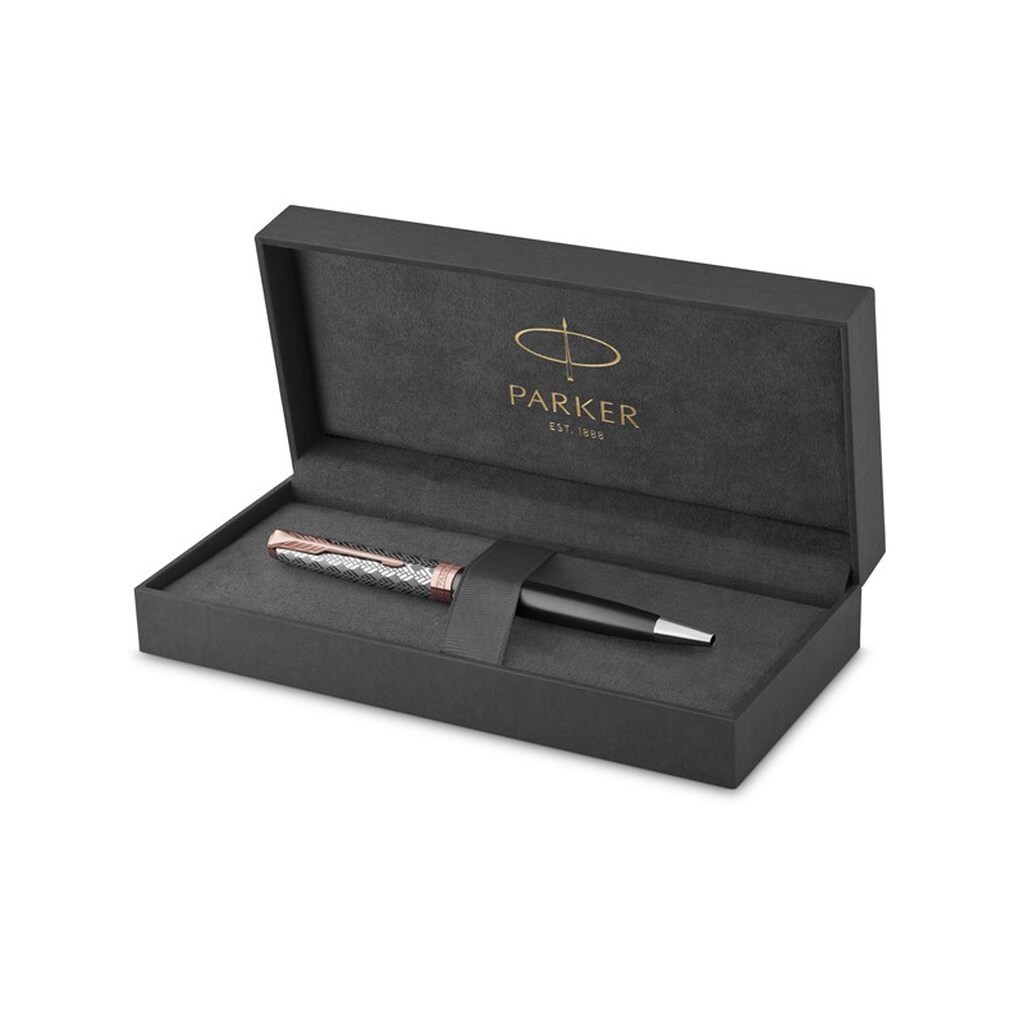 Parker PARKER Sonnet-kuglepen | førsteklasses metal og grå satinlakering med detaljer i rosaguld | medium spids med patron med sort blæk | gaveæske