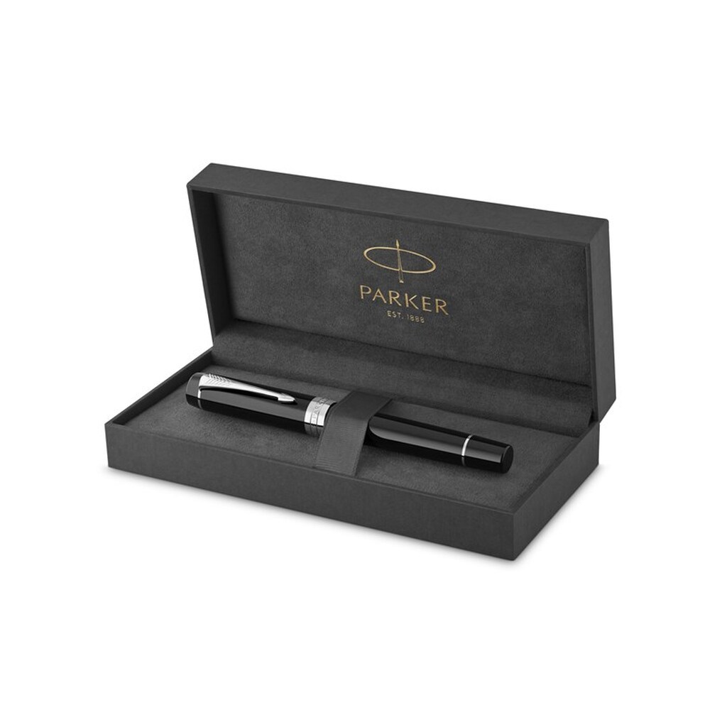 Parker Duofold Centennial-fyldepen | klassisk sort med detaljer i palladium | medium spids i rent guld | sort blæk og converter  | kvalitetsgaveæske