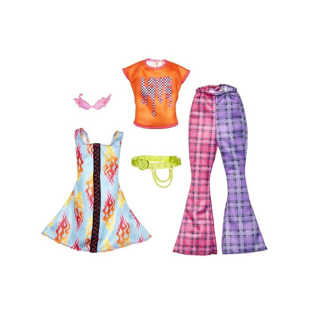 Barbie Fashions 2 Pack - Love T-shirt Check Flared Pants &amp; Flames Print Dress