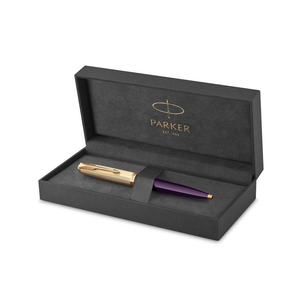 Parker 51-kuglepen | deluxe-blommefarvet cylinder med detaljer i guld | medium spids i 18k guld med patron med sort blæk | gaveæske