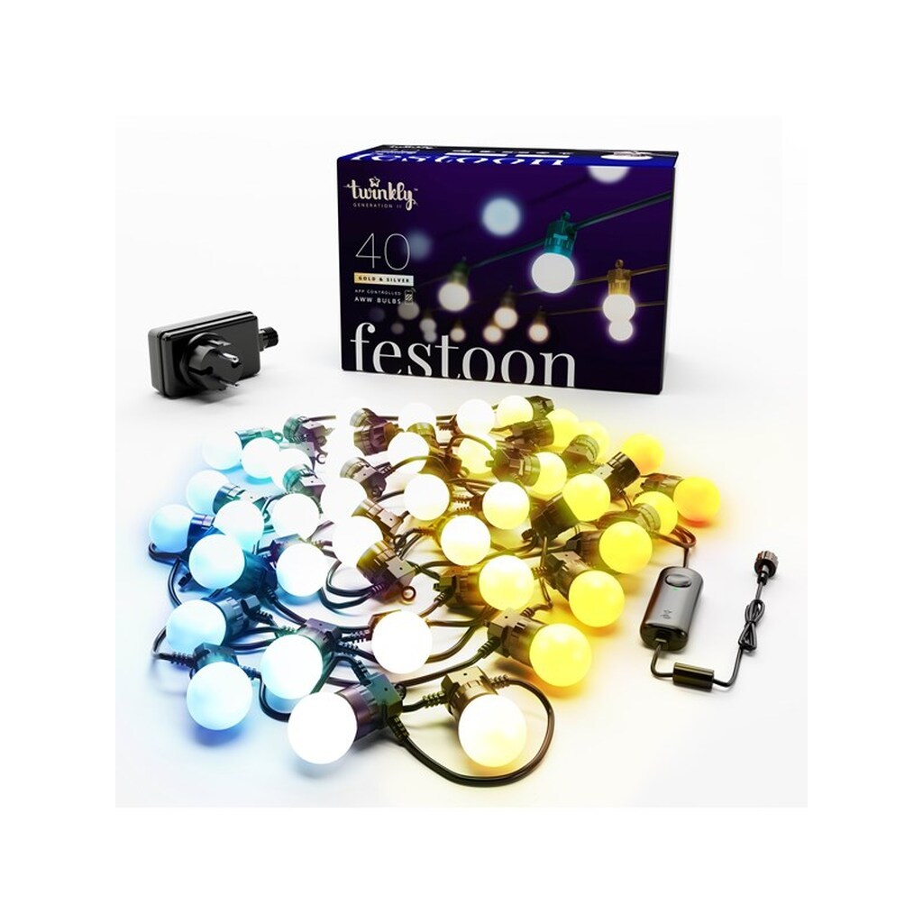 Twinkly Festoon - 40 App-controlled Warm to Cool White LEDs. 20 Meters. Black Wire.
