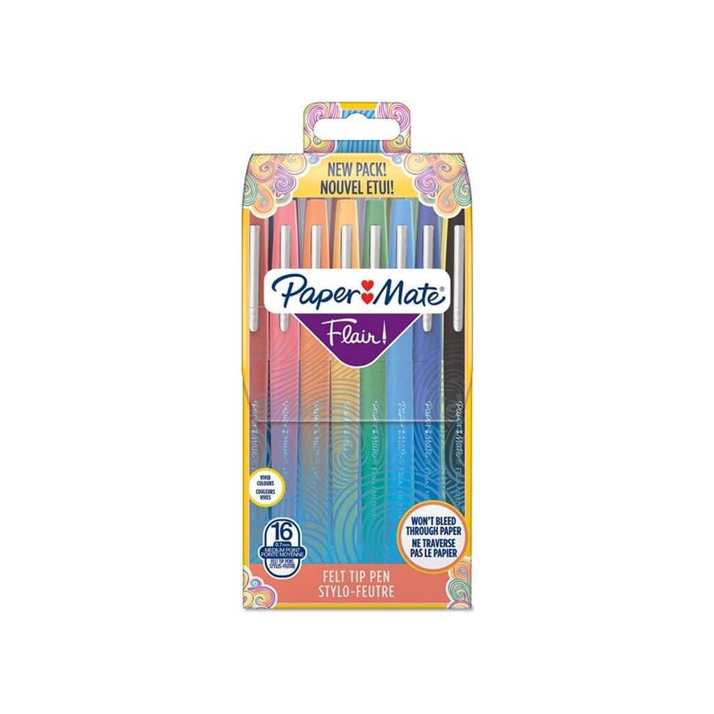 Paper Mate Flair Felt Tip Pens | Medium spids (0,7 mm) | Forskellige farver | Pose med 16 styk