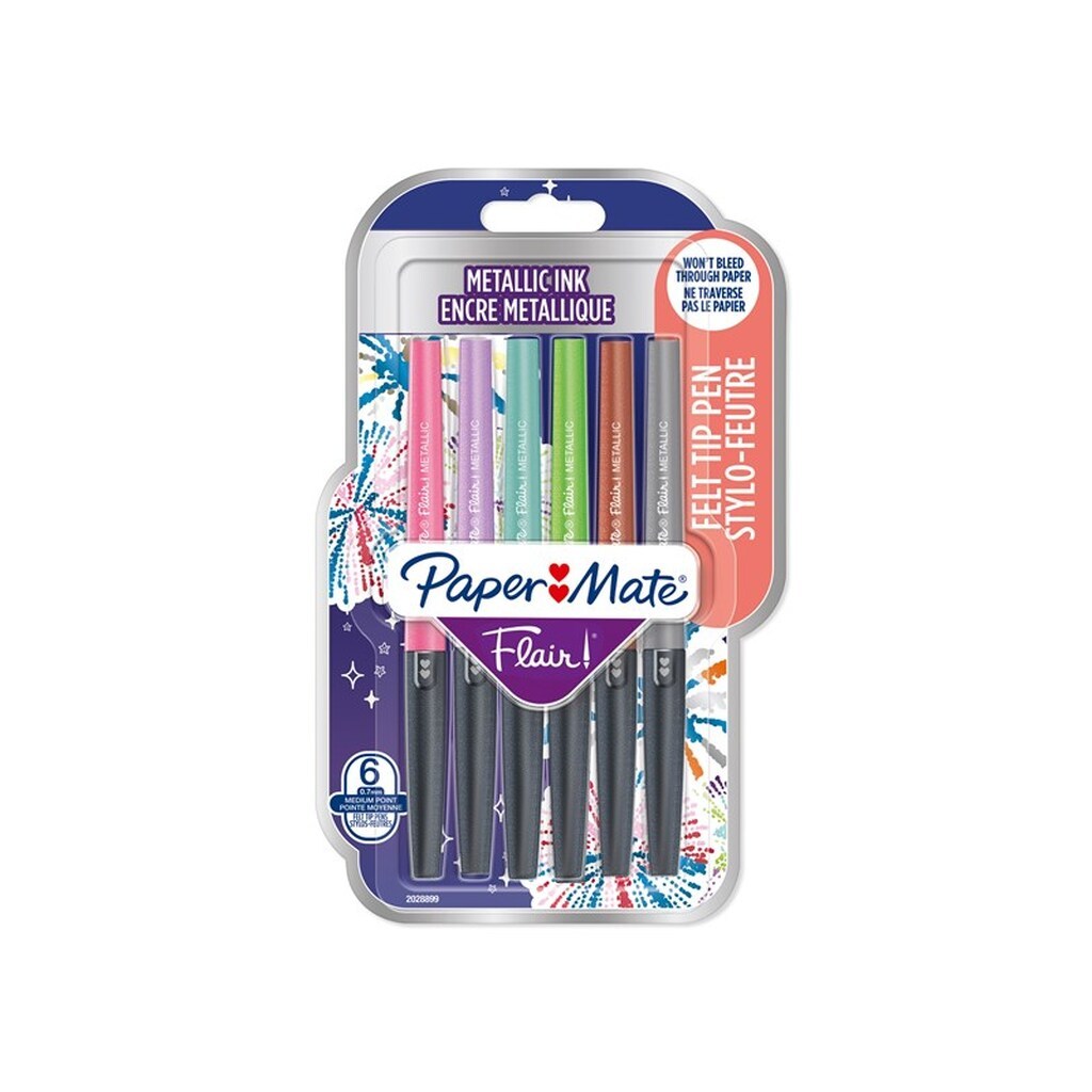 Paper Mate Flair Felt Tip Pens | Medium spids (0,7 mm) | Metalliske farver | 6 styk