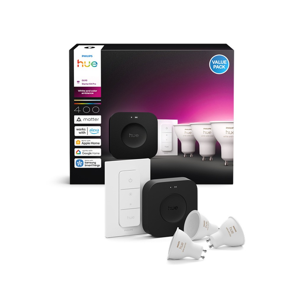 Philips Hue Startsæt: 3 x GU10 spots + Dimmer switch + Bridge Pro