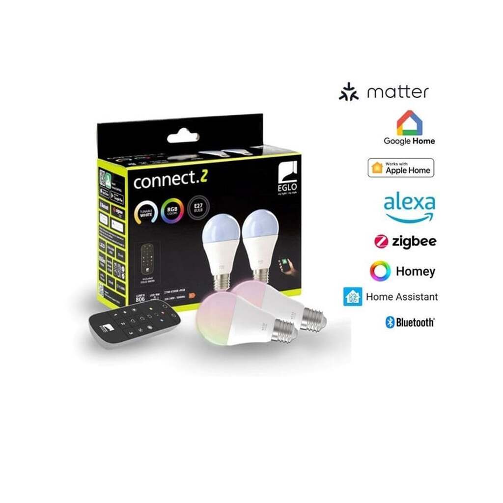 EGLO E27 LED-Z MATTER A60 RGB/CCT 11W 1300lm opal 2-pak m/fjernbetjening