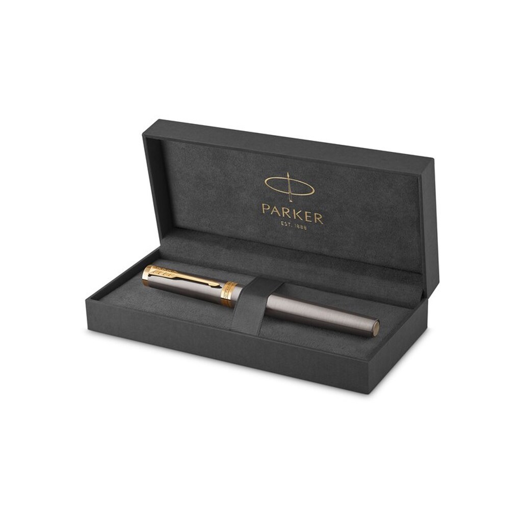 Parker Ingenuity Fyldepen | Grålakeret med guldbeklædning | Medium rustfri stålspids | Sort &amp; blå blækpatron | Gaveæske