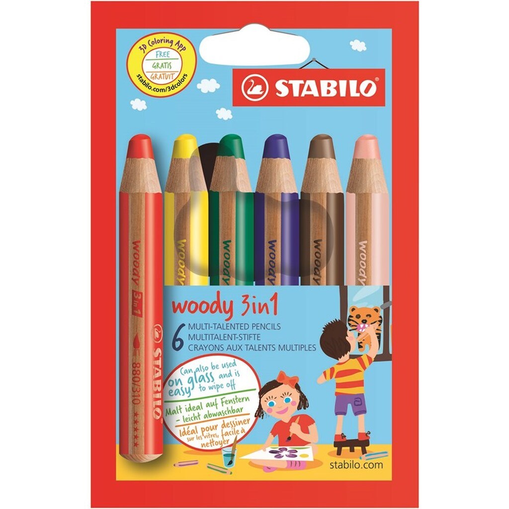 STABILO   woody 3 in 1 sæt med 6 farver. 3 i 1 blyanten med farveblyant, vandfarve og vokskridt i samme blyant