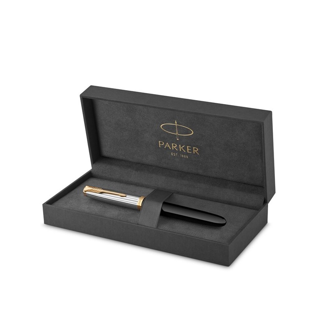 Parker 51 Premium fyldepen | Premium kollektion | Sort med guldkant | Fin spids | Blå/sort blæk | Gaveæske