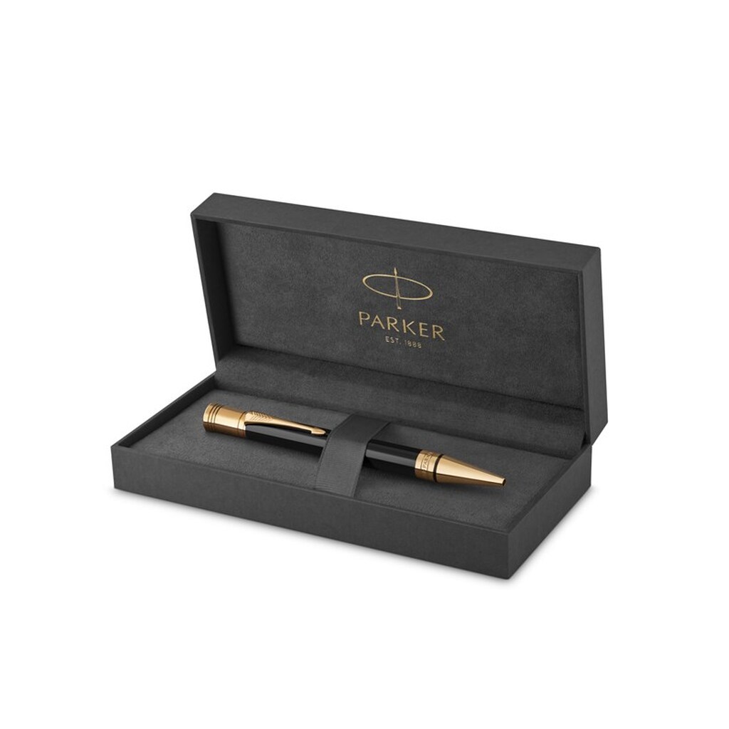 Parker Duofold-kuglepen | klassisk sort med detaljer i guld | patron med medium spids og sort blæk | kvalitetsgaveæske