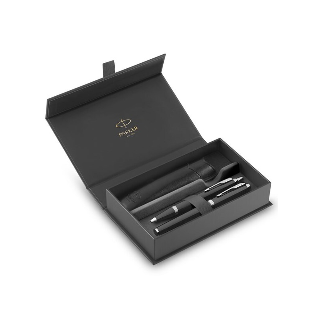 Parker IM Duo Pen Gavesæt | Fyldepen, kuglepen &amp; penneetui | Sort lakeret finish med krombeklædning | Medium spids