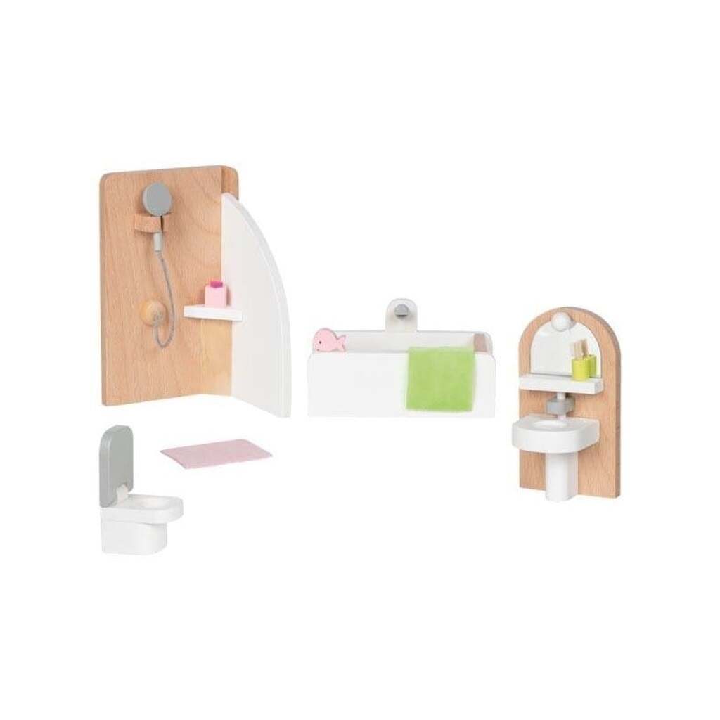 Goki Wooden Doll Furniture Bathroom 10 pieces.