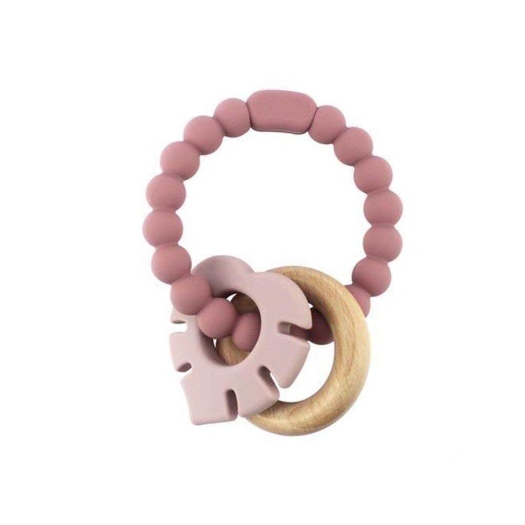 Magni Teether bracelet in LFGB silicone with wooden ring and leaf appendix - Red