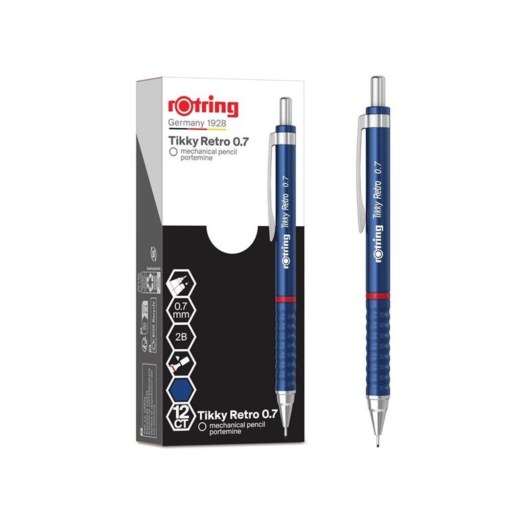 Rotring rOtring Tikky Retro Mekaniske Blyanter | 2B 0,7 mm | Blåt skaft | med Komfort Rillet Greb | 12 Stk