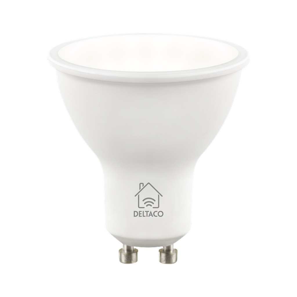 Deltaco LED-lampe, GU10, Wi-Fi 2,4GHz, 5W, 326lm, dæmpbar, 2700K-6500K, 220-240V, hvid