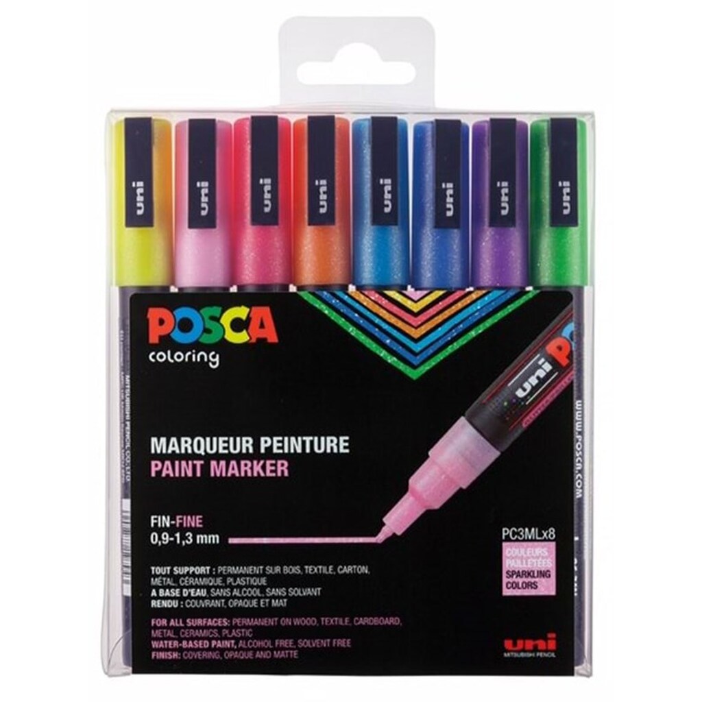POSCA  marker sæt PC-3M, 8 ass. farver, Glitter