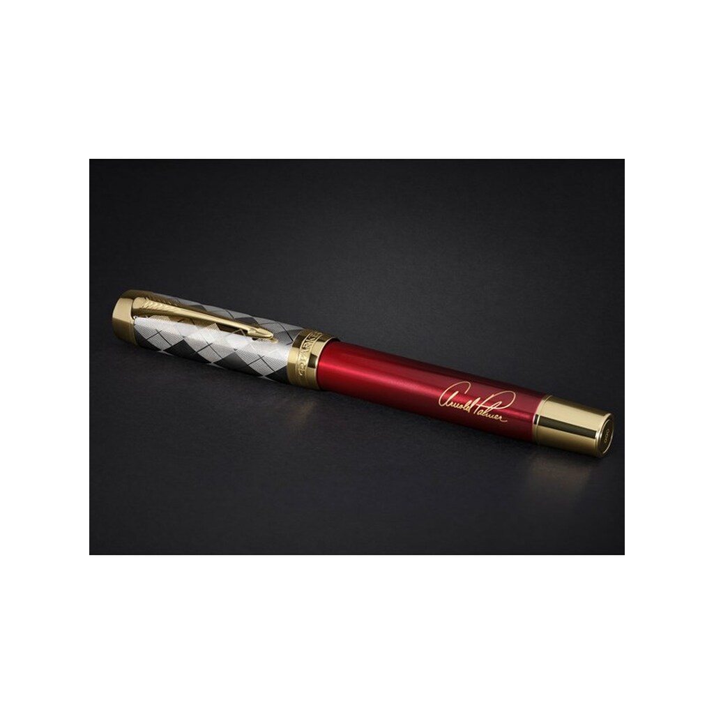 Parker | Arnold Palmer Signature Edition Fyldepen, Rød lak med guldfarvet hætte og beklædning, medium massiv guldspids, Sort blæk og konverter