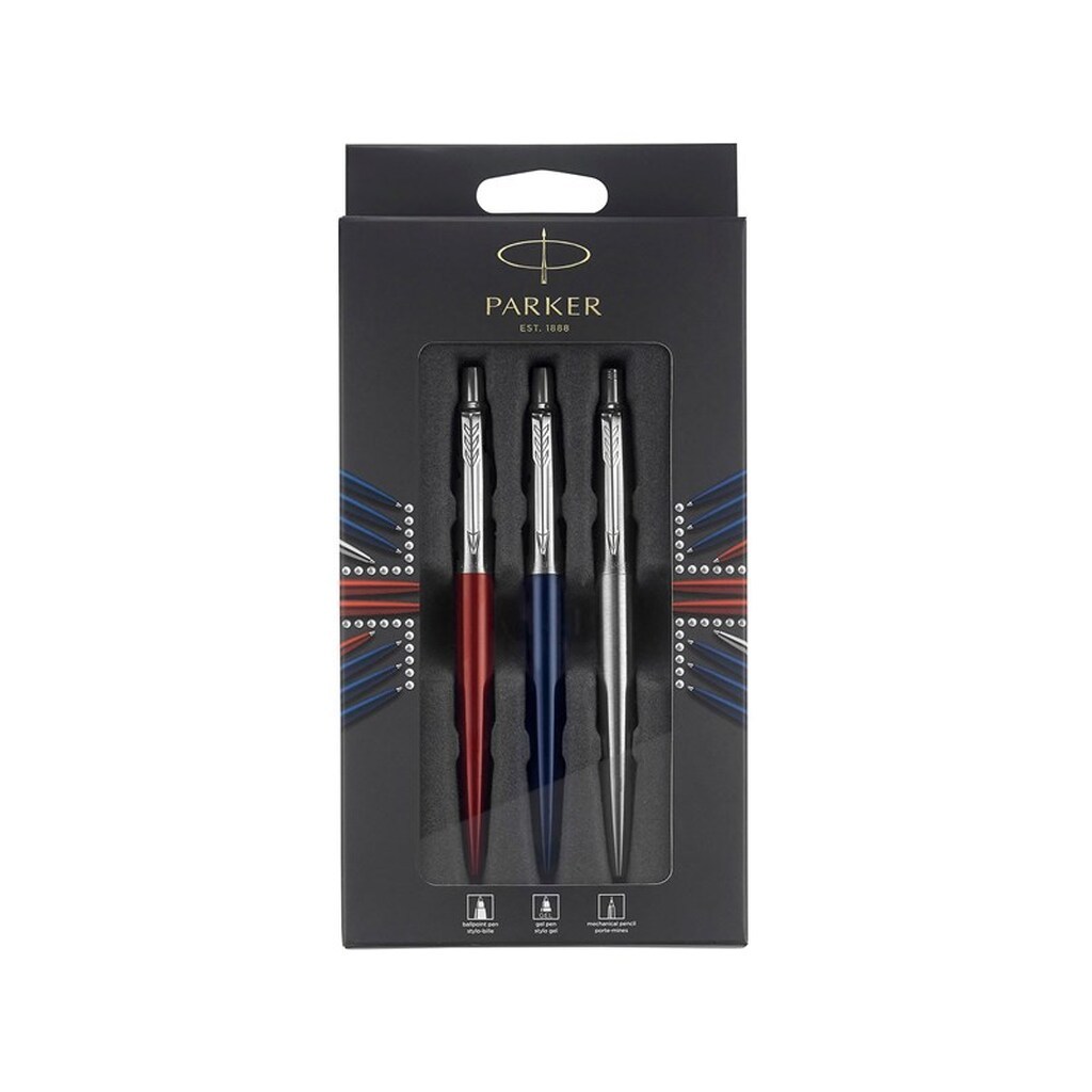 Parker Jotter London Trio Discovery-pakke: Kuglepen (kongeblå), gelépen (Kensington-rød) og stiftblyant (rustfrit stål)