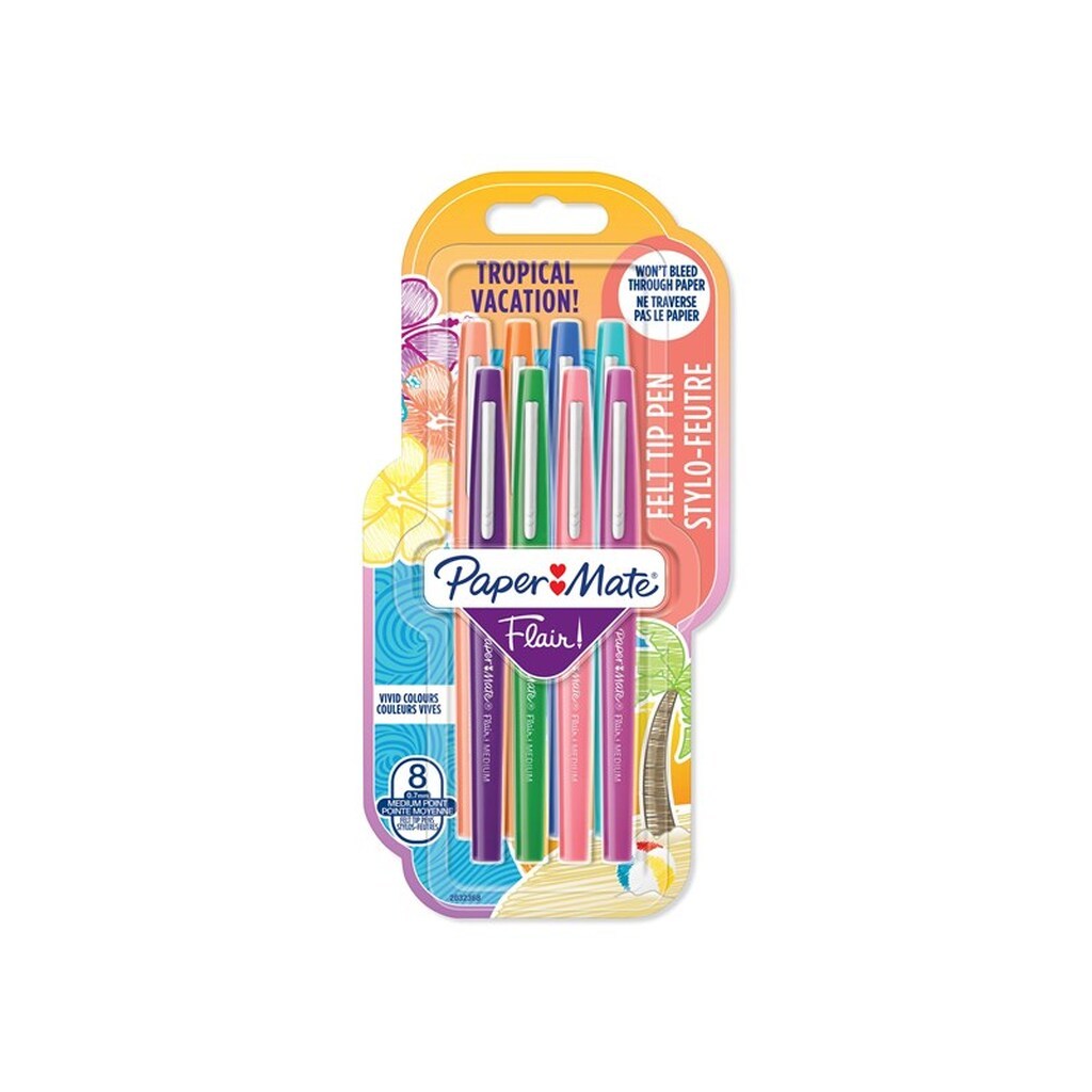 Paper Mate Flair Felt Tip Pens | Medium spids (0,7 mm) | Forskellige farver | 8 styk