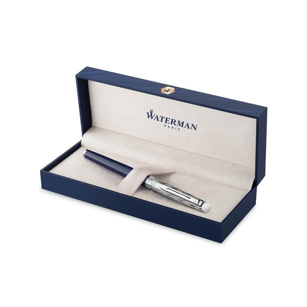 Waterman Hémisphère fyldepen | Metal &amp; blå lak | Mejslet kasket | Rustfrit stål medium nib | Blåt blæk | Gaveæske