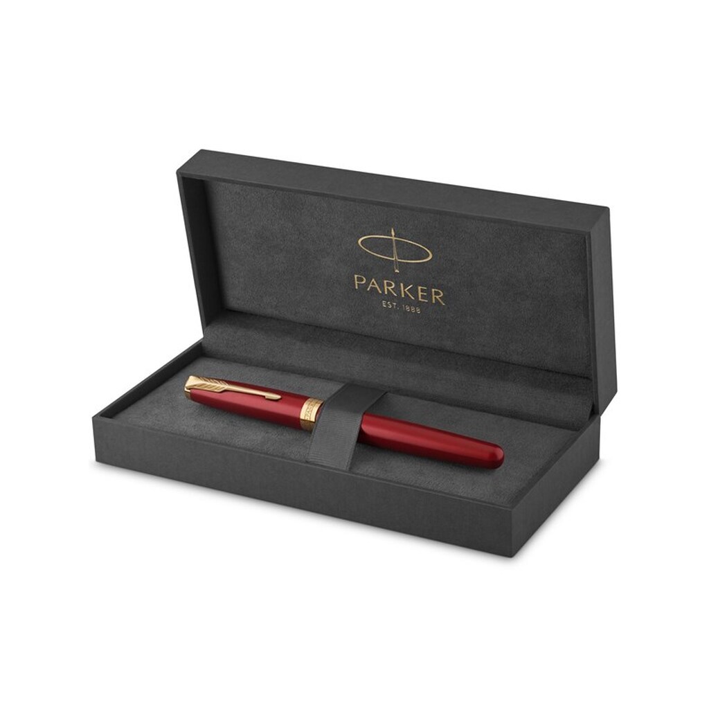 Parker Sonnet-fyldepen | rød lak med detaljer i guld | medium spids | gaveæske