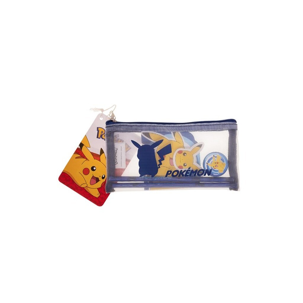 Euromic POKÉMON Filled MESH pencil pouch w/stationery articles:  2 triangular pencils 1 round sharpener 1 shaped eraser 1 shaped memo pad. Size of pencil pouch L 20 cm H 9.5 cm